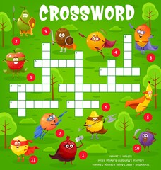 Crossword worksheet with cartoon fruits superhero, guard and defender personages, vector quiz. Kids riddle game with cross words of fruits guardians in superhero power capes with sword and shields