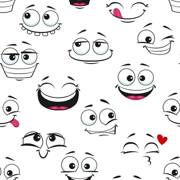 Funny cartoon cheerful smiling and laughing faces seamless, pattern, vector background. Happy smiles or smiley emoji pattern of comic emoticon cute faces winking with love heart kiss and tongue
