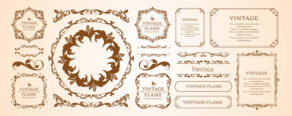 春の植物モチーフのフレームセット。ビンテージフラワー。装飾デザイン。流行りのあしらい	
