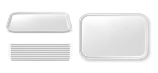 Realistic isolated plastic food trays, serving platters or plates 3d vector. Empty white plastic tray mockup and stack. Fast food restaurant, cafeteria, cafe or catering service dishware