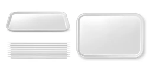 Foto op Plexiglas Realistic isolated plastic food trays, serving platters or plates 3d vector. Empty white plastic tray mockup and stack. Fast food restaurant, cafeteria, cafe or catering service dishware © Vector Tradition