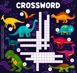 Cartoon dinosaur reptiles, crossword vector worksheet or find word quiz game. Kids cross word puzzle game grid with Jurassic dino brontosaurus, pterodactyl or stegosaurus and tyrannosaurus T-rex