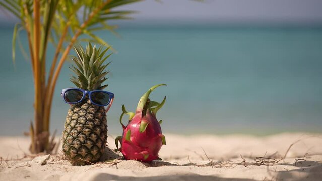 Ripe attractive pineapple in sunglasses and pink dragon fruit on the sand tropical beach against turquoise sea water, Thailand. Summer vacation concept