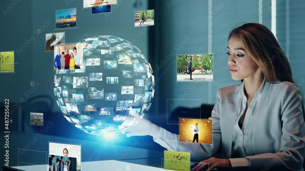 Aufkleber young woman watching the video. visual contents concept. social networking service. streaming video.