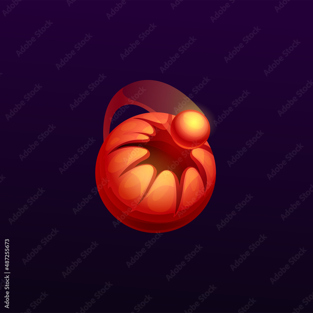 Poster cartoon space unusual planet with core, vector game ui fantasy element. orange planet or star of ali