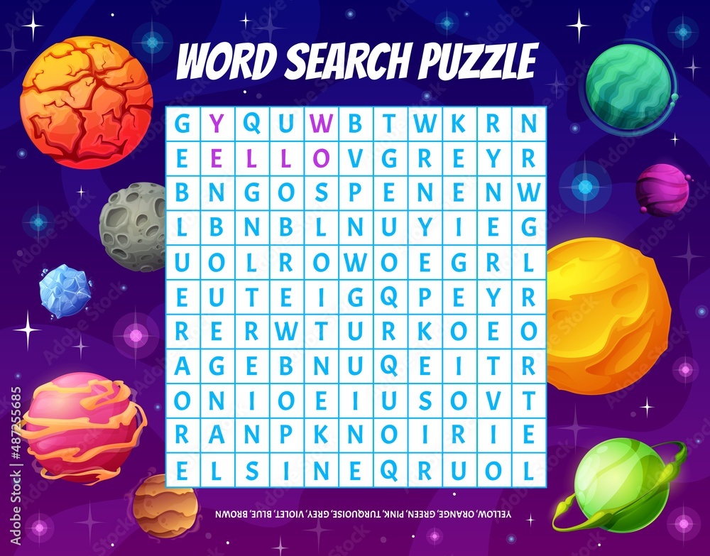 Poster word puzzle game grid with cartoon color space planets. children word search crossword educational r