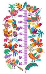 Kids height chart with bright alebrije birds, vector growth measure ruler scale with cartoon mexican paper art craft hummingbird, flowers, parrot or toucan and palm leaves