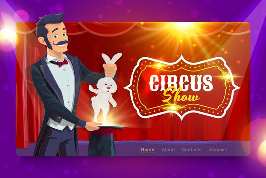 Shapito circus landing page. Magician with hat and rabbit on circus stage. Vector template of carnival amusement show website or web page with cartoon chapiteau performer and retro marquee sign