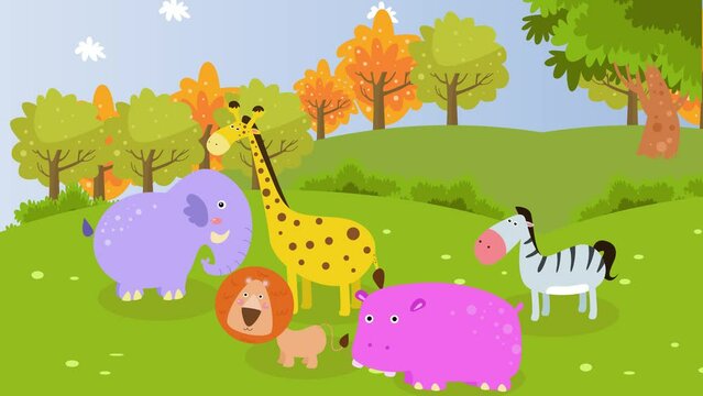 Group animation of wild animals standing in forest
