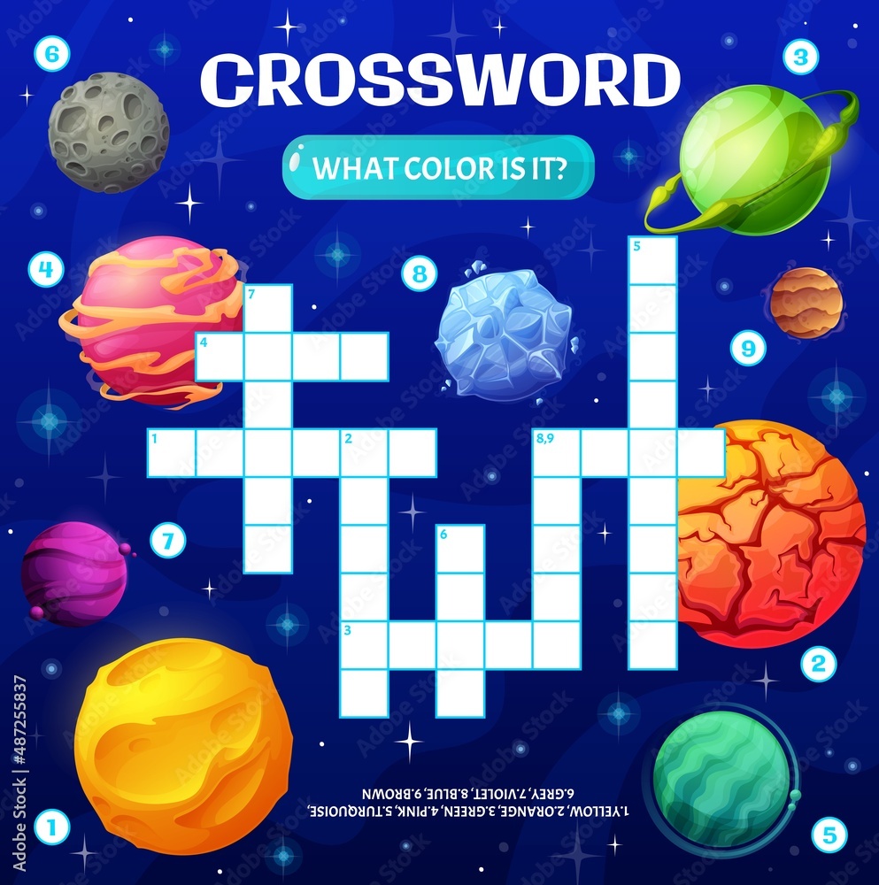 Poster crossword puzzle game grid with cartoon color space planets. kids find a word crossword logical puzz