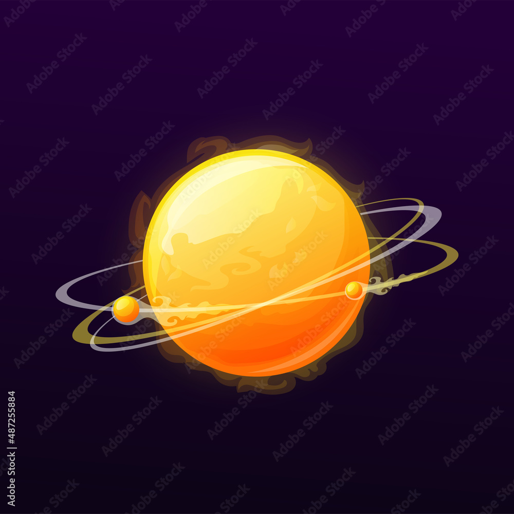 Poster hot planet with rings and satellites. cosmos sci-fi game ui cartoon vector icon alien galaxy planet 