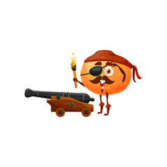 Clementine mandarin citrus fruit pirate corsair emoticon isolated funny cartoon character gun and burning torch. Vector exotic tropical food dessert with mustaches, tangerine in buccaneer bandana