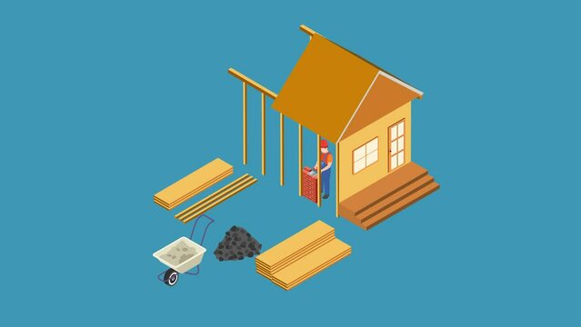 Male contractor install bricks wall while building