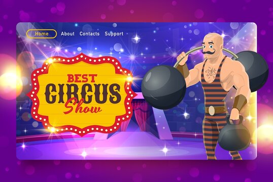 Shapito circus vector landing page. Strong man on circus stage. Carnival amusement show or chapiteau event web page template of cartoon strongman character with barbell and navigation buttons