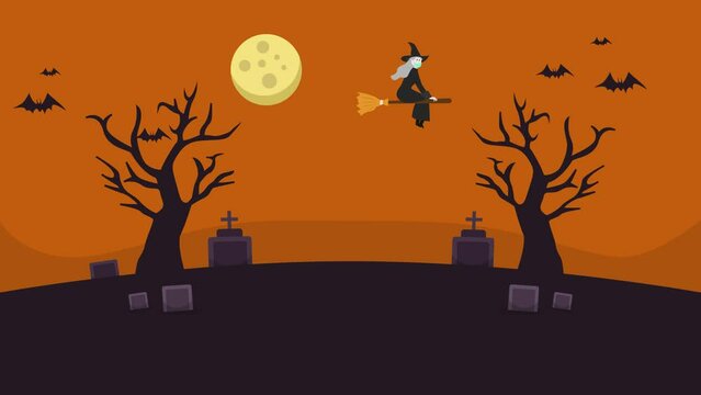Scary witch flying above the graveyard at night