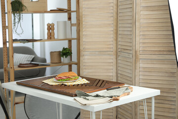 Tasty sandwich on table in photo studio. Food photography