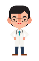 Flat design doctor character in uniform with hands on waist. Vector character