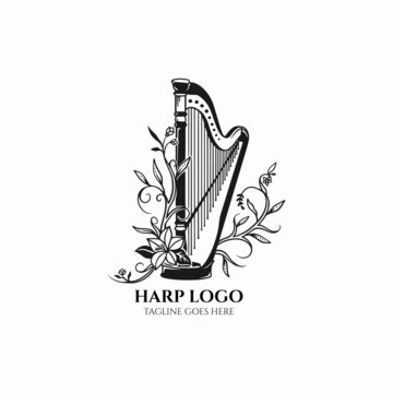 Harp logo vector, vintage harp musical illustration, orchestra icon, floral harp logo