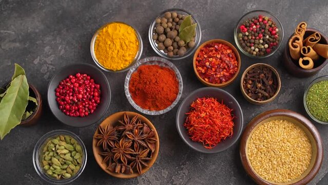 Collection of spices. Dried various herbs and spices for cooking in bowls on a black table. View from above