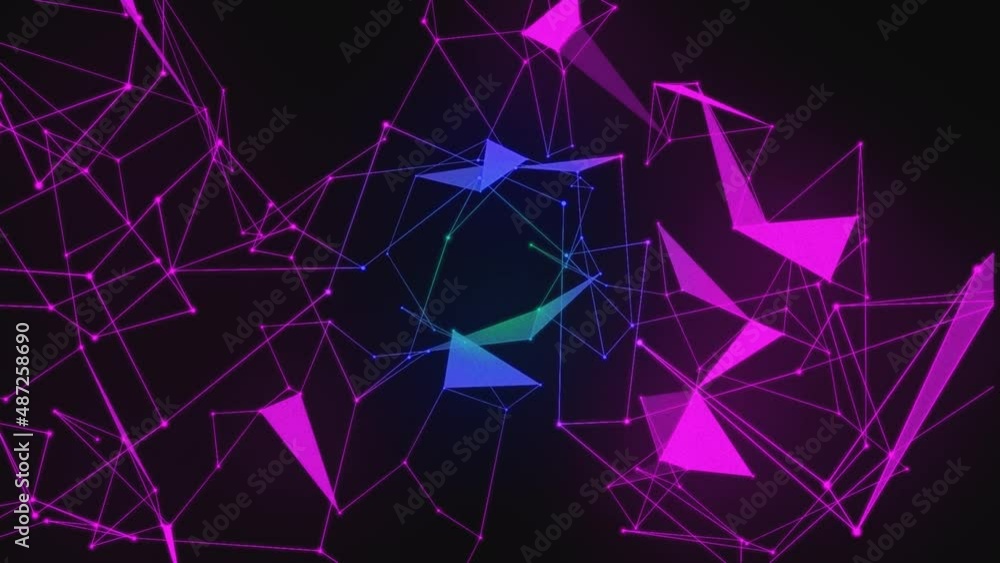 Poster plexus of abstract purple and blue geometrical lines with moving triangles and dots on a black backg