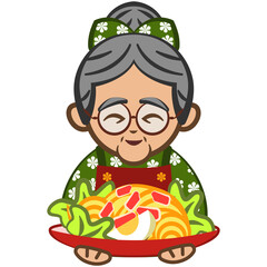 vector illustration of grandma serving a plate of noodles