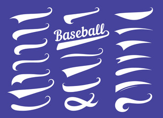 Swooshes text tails for baseball design. Sports swash underline shapes set in retro style. Swish typography font elements for athletics, baseball, football decoration. White swirl on blue, vector line