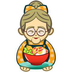 vector illustration of grandma serving a bowl of noodles