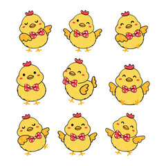 group of cute playful baby chicken wear red ribbon bow tie collection, playful animal cartoon hand drawing outline vector, gentleman chicken