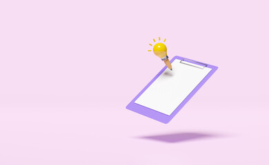 check list empty, mockup purple clipboard with yellow light bulb pencil isolated on pink background. concept 3d illustration, 3d render