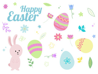 Fototapeta na wymiar Easter themed set of hand drawn elements. Happy Easter messaging, Easter bunny, Easter eggs, spring flowers and leaves in bright cheerful colours