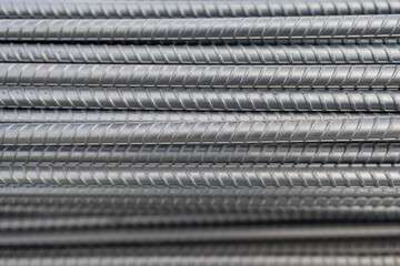 Selective focus deform bar of Steel rods used to reinforce concrete, background.