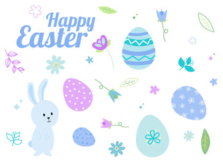 Easter themed set of hand drawn elements. Happy Easter messaging, Easter bunny, Easter eggs, spring flowers and leaves in blue and purple colours