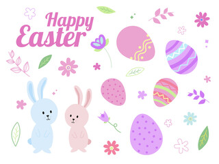 Easter themed set of hand drawn elements. Happy Easter messaging, Easter bunny, Easter eggs, spring flowers and leaves in pink and purple colours