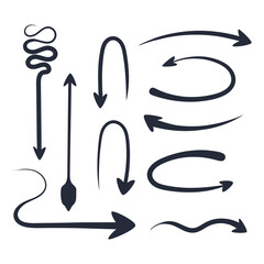 Set of oval arrows. Ovals and wavy lines. Hand drawing. Eps10. Doodle vector illustration.