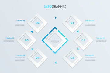 Blue timeline infographic design vector. 6 steps, square workflow layout. Vector infographic timeline template.