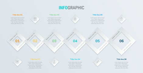 Vector infographics timeline design template with square elements. Content, schedule, timeline, diagram, workflow, business, infographic, flowchart. 6 steps infographic.