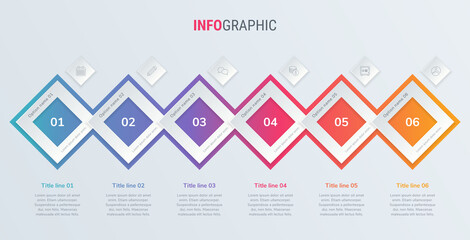 Abstract business square infographic template with 6 steps. Colorful diagram, timeline and schedule isolated on light background.