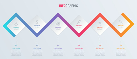 Timeline infographic design vector. 6 options, square workflow layout. Vector infographic timeline template.