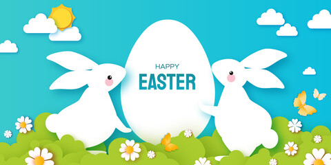 Happy Easter Day design greetings card with Cute white rabbits in paper cut style. Bunny with flowers and butterfly. Spring holidays in modern style. Easter Egg Hunt with egg hunt. Spring scene.