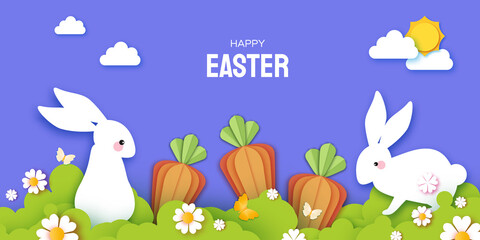 Happy Easter Rabbit with carrot. Cute white rabbits in paper cut style. Bunny, flowers and butterfly. Spring holidays in modern style. Easter Egg Hunt with egg hunt. Spring scene.