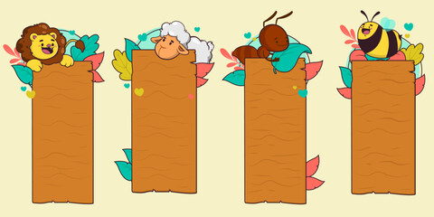 Ilustración de animales, diseños ilustrativos con carteles de abejas, leones, ovejas y animales vectores de órbita para mensajes © Tisegni