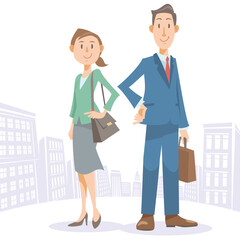 Two happy business person are standing on the cityscape. Isolated vector illustration in flat cartoon style.