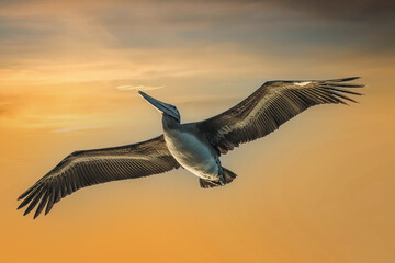 Brown Pelican Pelecanus occidentalis in Flight at Sunset