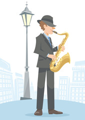 A jazz saxophone player performing on the street. Isolated vector illustration in flat cartoon style.