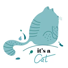 Foto op Plexiglas Blue Cat in Cute Cartoon Style on White Background. © tatevrika