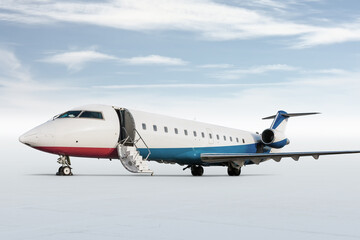 Modern executive business jet isolated on bright background with sky