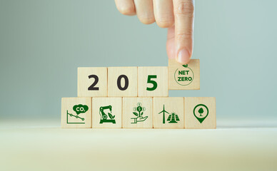 Net zero by 2050. Carbon neutral. Net zero greenhouse gas emissions target. Climate neutral long term strategy. No toxic gases. Hand puts wooden cubes with net zero icon in 2050 on grey background. - obrazy, fototapety, plakaty