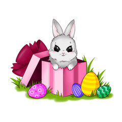 Cute Easter bunny, rabbit sitting in a large gift box, colored Easter eggs on green grass, happy spring, a holiday card hand-drawn in cartoon style, isolated on a white background.