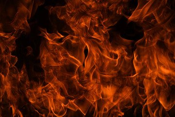 Fire flames isolated on black background. Fire burn flame isolated, flaming burning art design concept with space for text. © Volodymyr