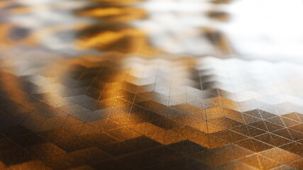 Black gold tiles reflect light. Black gold yellow square mosaic tiles reflect light in side view...